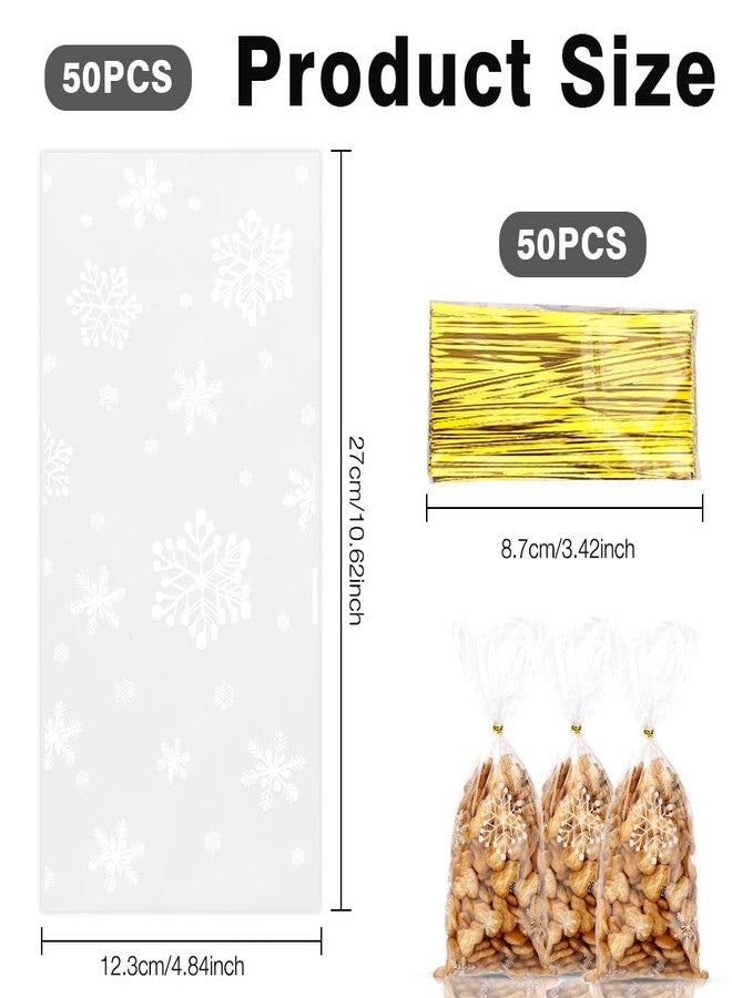 Sociaooil Christmas Cellophane Gift Bags, Christmas Treat Bags, 50 Pcs Clear Snowflake Cookie Candy Snack Cellophane Goodie Bags with Twist Ties for Xmas Winter Holiday Party Favor Bags Goody Supplies - Image 2